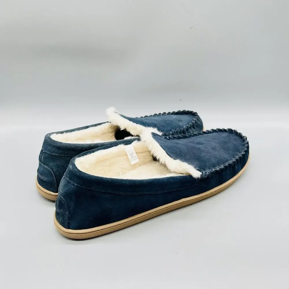J Crew Shoes Mens 11 Blue Suede Faux Fur Lined Moccasin House Slippers Comfort